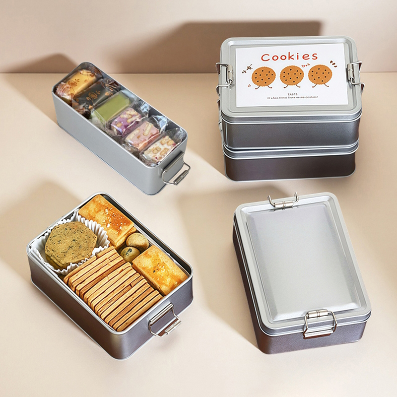 Tin Container Lid - กล่องคุกกี้สี่เหลี่ยมผืนผ้า ทำจากเหล็กวิลาด พร้อมฝาปิด ป้องกันฝุ่น สำหรับจัดเก็บในบ้าน ห้องครัว